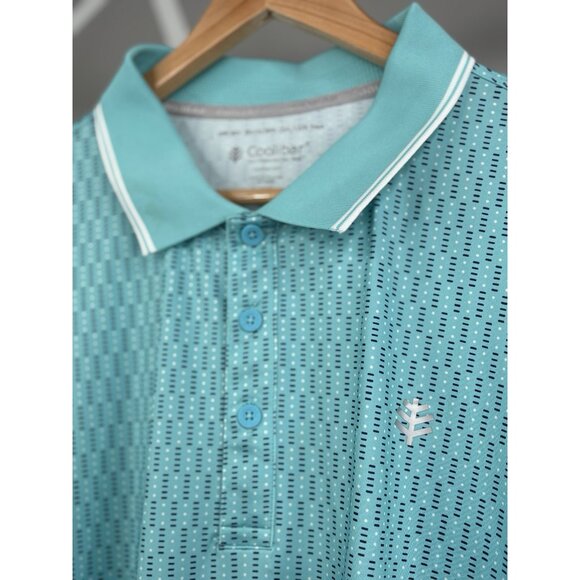 NWT Coolibar Erodym LS Golf Polo Shirt Mens 2XL Teal Graphic AOP Stretch UPF 50+ - Picture 3 of 15